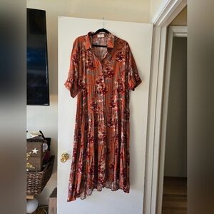 NATURAL LIFE Rust Floral Rebecca Tiered Button-Front Midi Dress